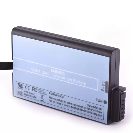 Black and blue M4605A-reference battery photographed with 10.8 V, 6 Ah, Lithium Ion and REF 989803135861 markings