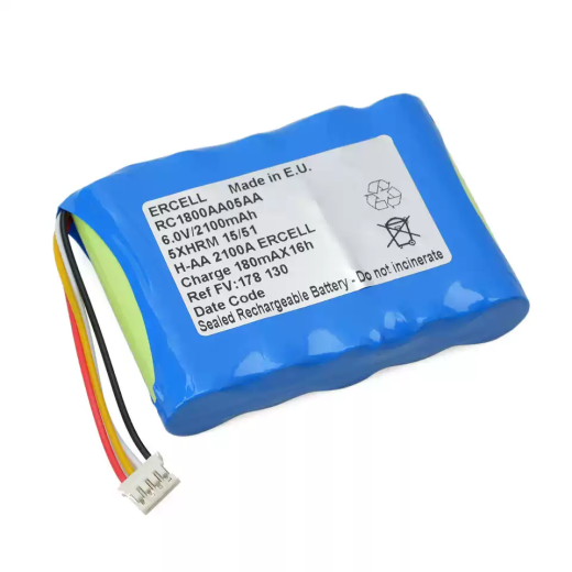 Blue battery pack photographed with RC1800AA05AA, 6.0V 2100mAh and FV178130 markings, four colored leads and a white four-position plug