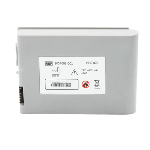 Representative gray MAC 800 battery photo showing REF 2037082-001, Li-ion 7.2 V 4500 mAh, 33 Wh, and a 2009-04 date marking