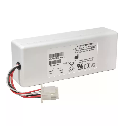Representative V60 battery photo with 1076374 reorder label, 14.4 V 11.0 Ah 163 Wh rating, leads and connector; current shipping lot unverified