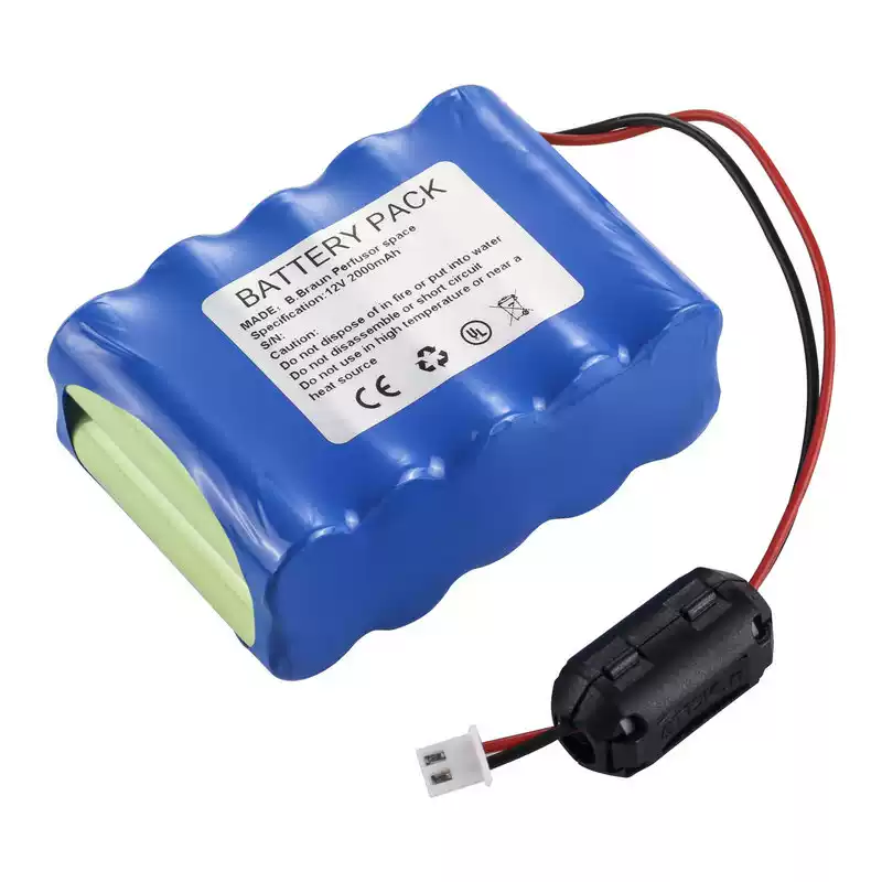 Blue battery pack photographed with B. Braun Perfusor Space and 12V 2000mAh label, two-wire lead and white plug