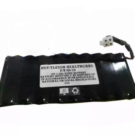 Black battery pack photographed with P/N 400-316, 12 V 3.8 Ah NiMH label and four-position plug