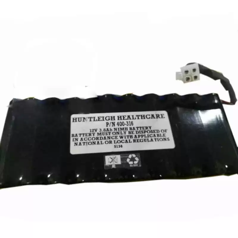 Black battery pack photographed with P/N 400-316, 12 V 3.8 Ah NiMH label and four-position plug
