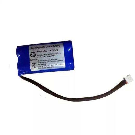 Blue Li-ion battery pack labeled 3.6 V, 4400 mAh, SCR18650F22-012PTC with white connector