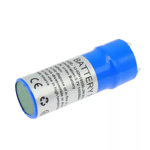 Blue rechargeable battery pictured with LI-ION18500-JW-NO16, 3.7 V and 1400 mAh label