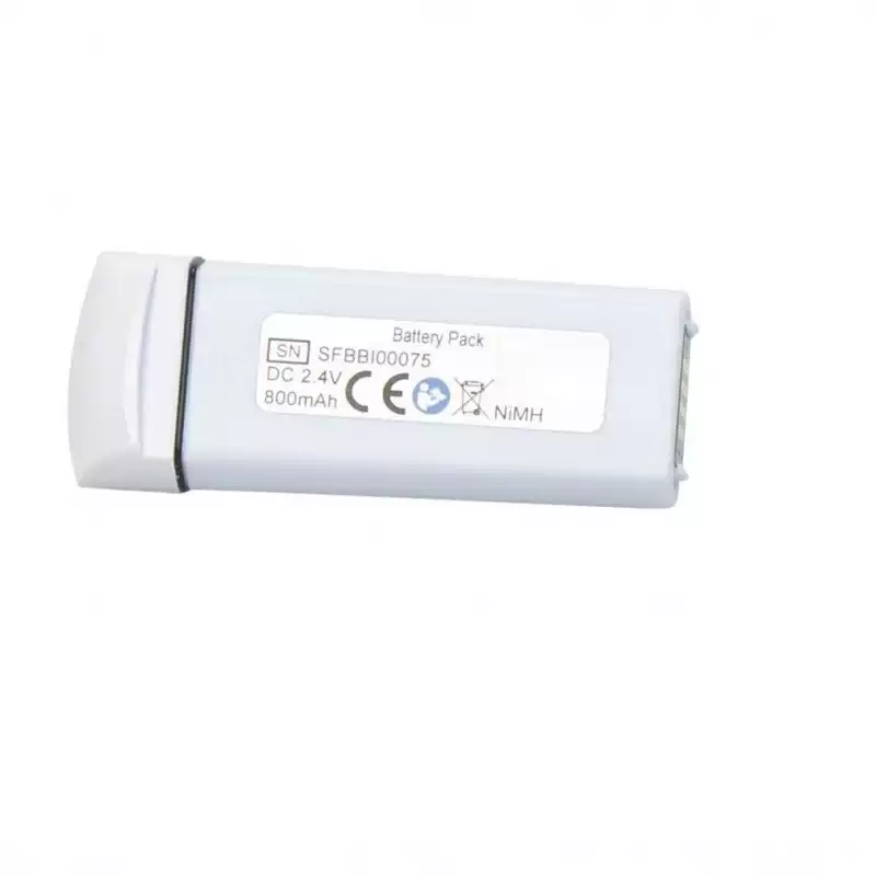Photographed grey battery pack label reading DC 2.4 V, 800 mAh, NiMH for SmartLite Focus comparison